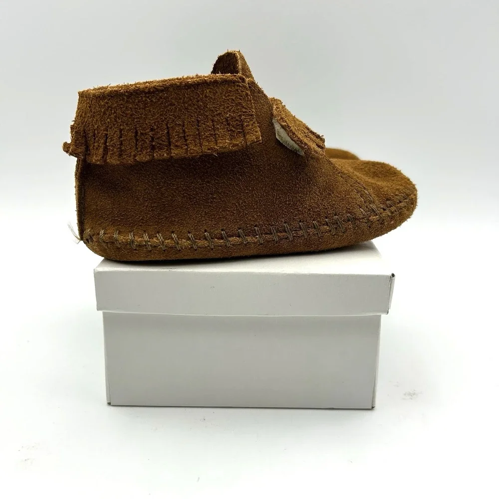 Vtg Minnetonka Brown Suede Moccasin Booties Infant Sz6 PaPooShu Fringe Boho Baby